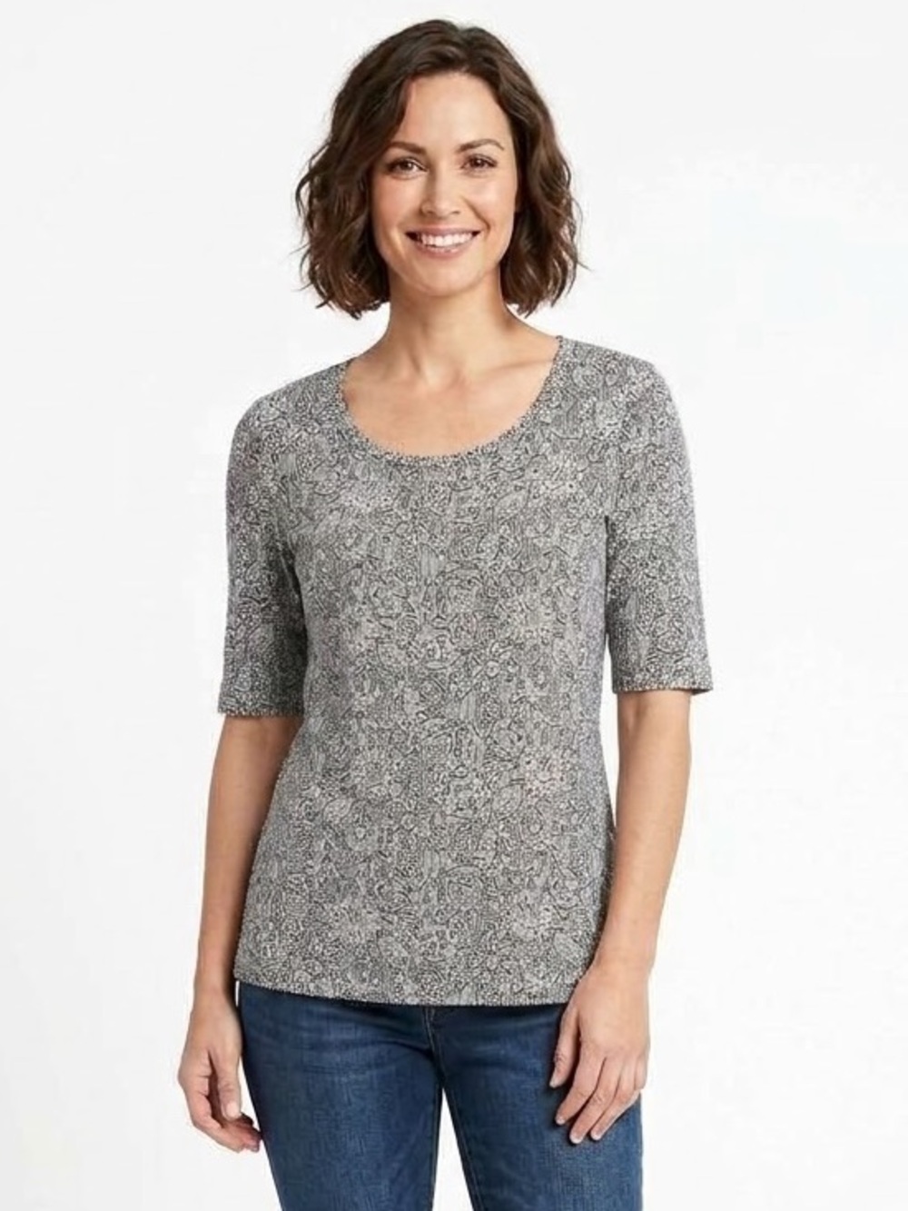 J.Jill Black White Paisley Print Scoop Neck Top Elbow Sleeve XSP